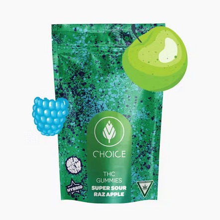 CHOICE - 100MG GUMMIES - SUPER SOUR RAZ APPLE (HYBRID)